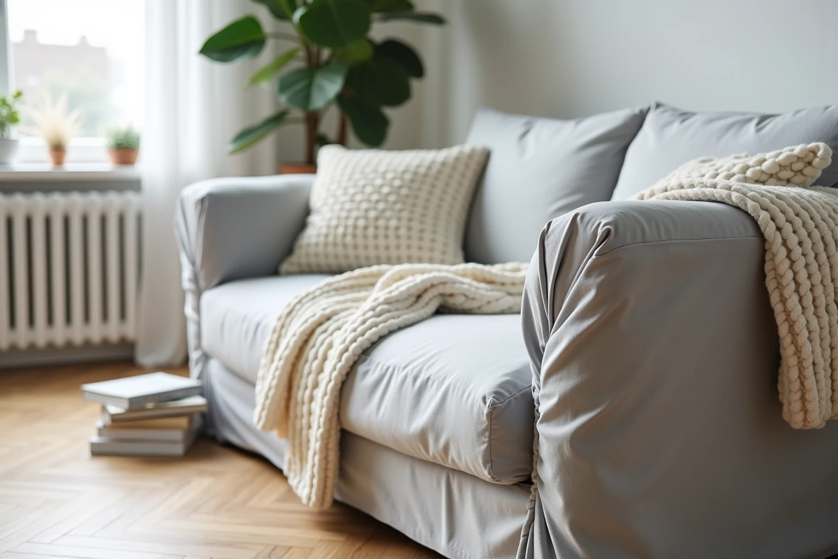 Gros plan sur une housse grise ajustée sur une méridienne dans un studio minimaliste style scandinave