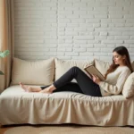 Jeune femme lisant sur une méridienne recouverte d'une housse en lin beige dans un petit salon cosy