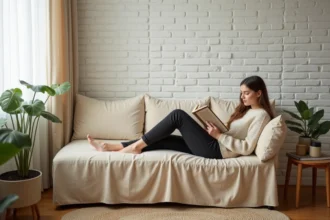 Jeune femme lisant sur une méridienne recouverte d'une housse en lin beige dans un petit salon cosy