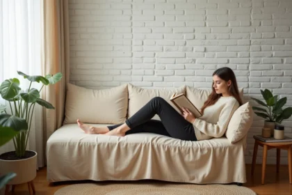 Jeune femme lisant sur une méridienne recouverte d'une housse en lin beige dans un petit salon cosy