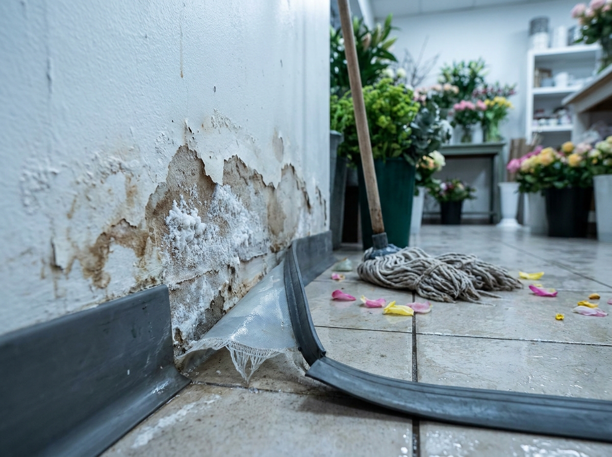 Dégâts d'humidité sur le mur d'un commerce de fleurs avec efflorescence et peinture décollée en pied de cloison