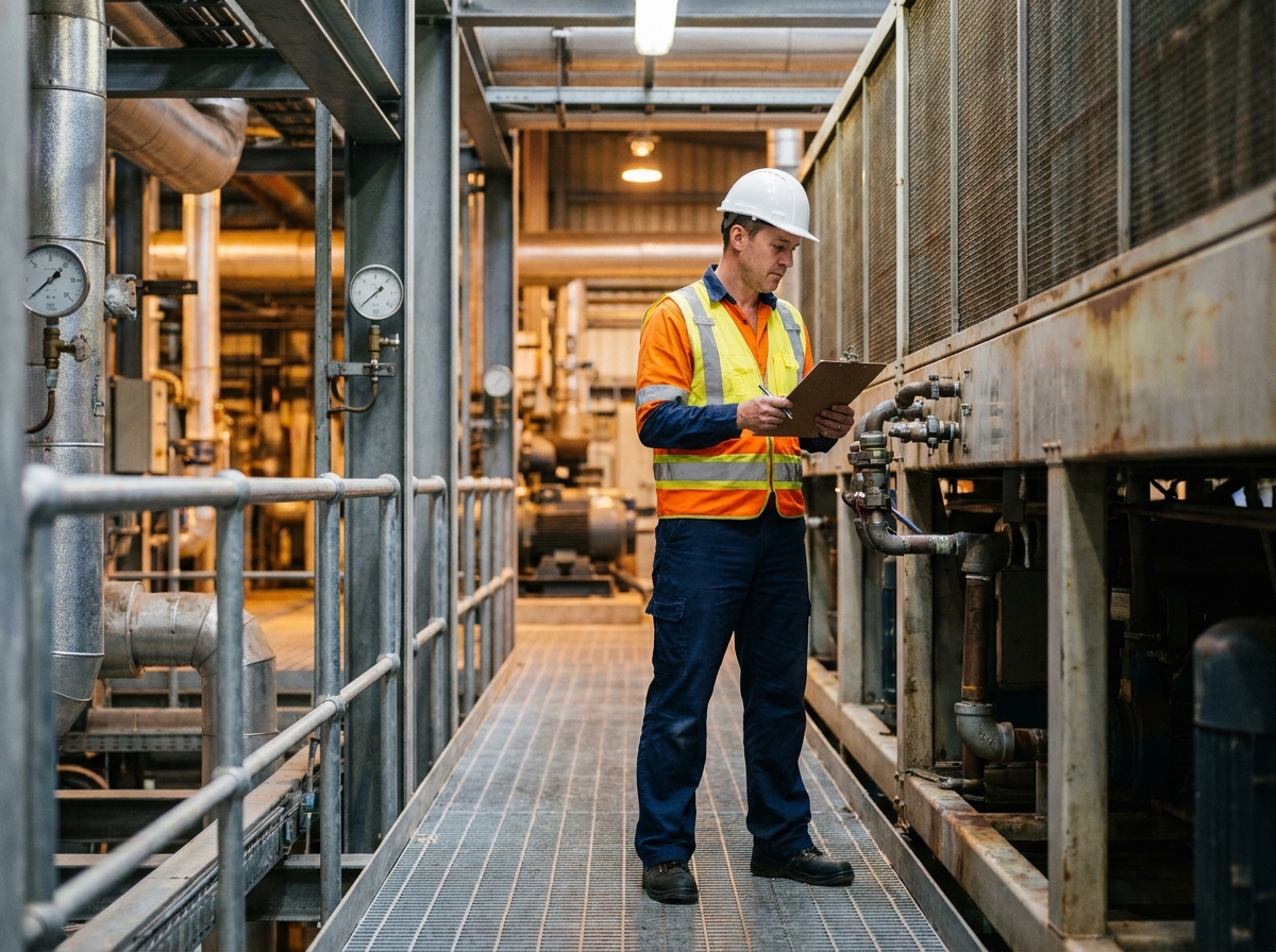 Ingénieur de process inspectant les connexions d'un refroidisseur à sec industriel sur passerelle métallique