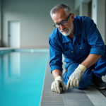 Ingénieur vérifiant un garde-corps inox dans une piscine intérieure