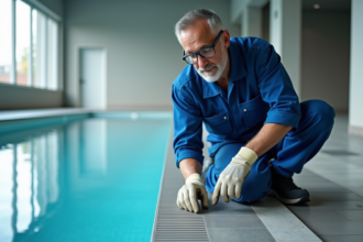 Ingénieur vérifiant un garde-corps inox dans une piscine intérieure