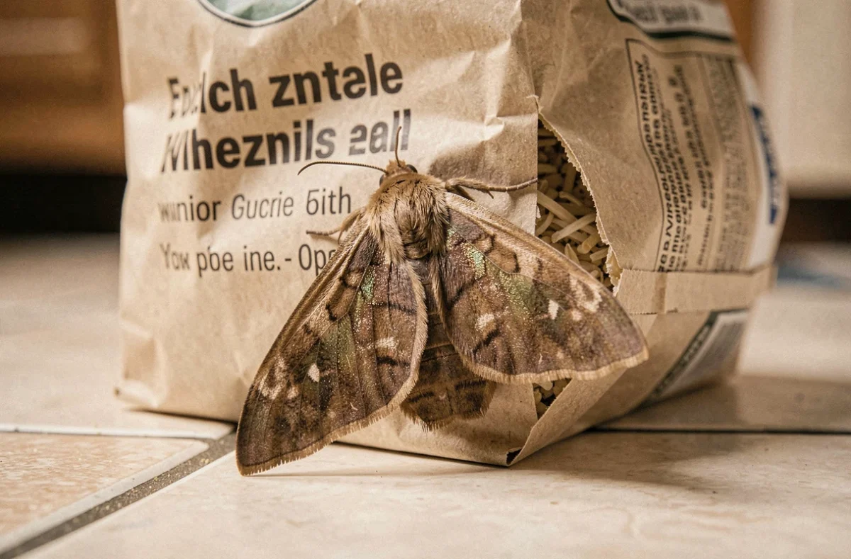 Insecte de farine marron ailé sur un sac de farine déchiré vu du sol, perspective réaliste