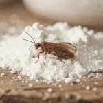 Petit insecte marron avec ailes posé sur de la farine dans une cuisine, gros plan macro réaliste
