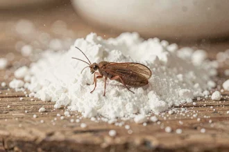Petit insecte marron avec ailes posé sur de la farine dans une cuisine, gros plan macro réaliste
