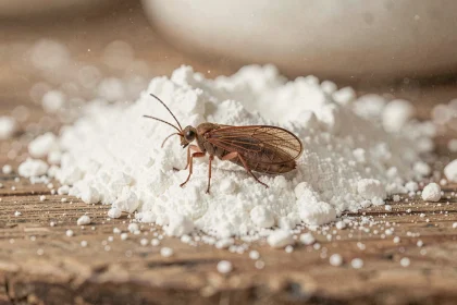 Petit insecte marron avec ailes posé sur de la farine dans une cuisine, gros plan macro réaliste