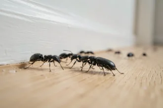 Gros plan de petits insectes noirs — fourmis et coléoptère sombre — rampant le long d'une plinthe en bois à l'intérieur d'une maison