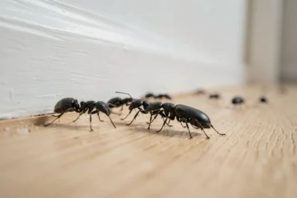 Gros plan de petits insectes noirs — fourmis et coléoptère sombre — rampant le long d'une plinthe en bois à l'intérieur d'une maison