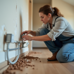 Femme inspectant un conduit électrique dans un intérieur rénové