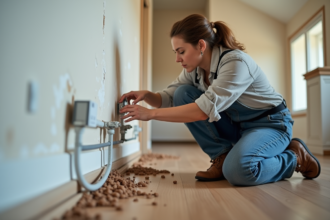 Femme inspectant un conduit électrique dans un intérieur rénové