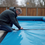 Homme vérifiant la couverture d'une piscine extérieure en automne