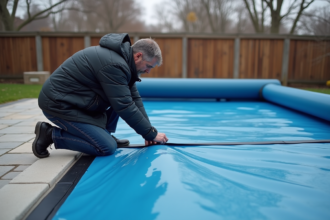 Homme vérifiant la couverture d'une piscine extérieure en automne