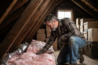 Homme inspectant l'isolation dans un grenier