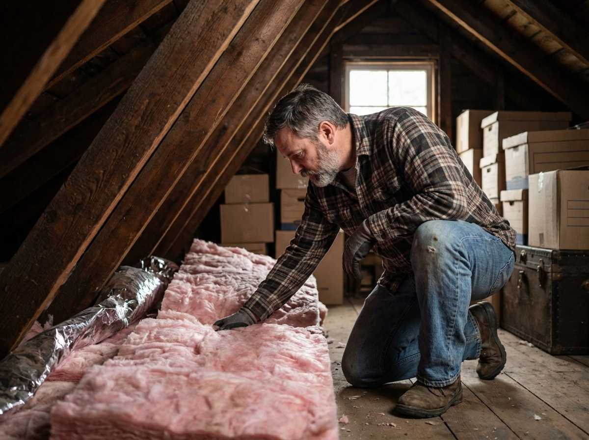 Homme inspectant l'isolation dans un grenier