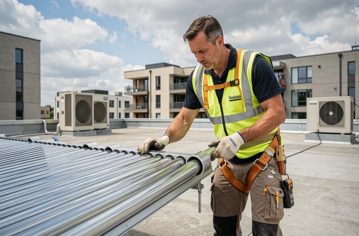 Technicien installant un panneau solaire thermique à tubes sous vide sur le toit d'un immeuble résidentiel