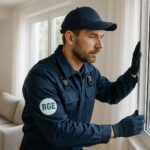 Installateur professionnel posant une grande fenetre moderne dans un salon lumineux