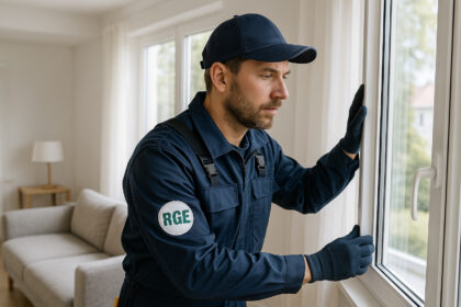 Installateur professionnel posant une grande fenetre moderne dans un salon lumineux