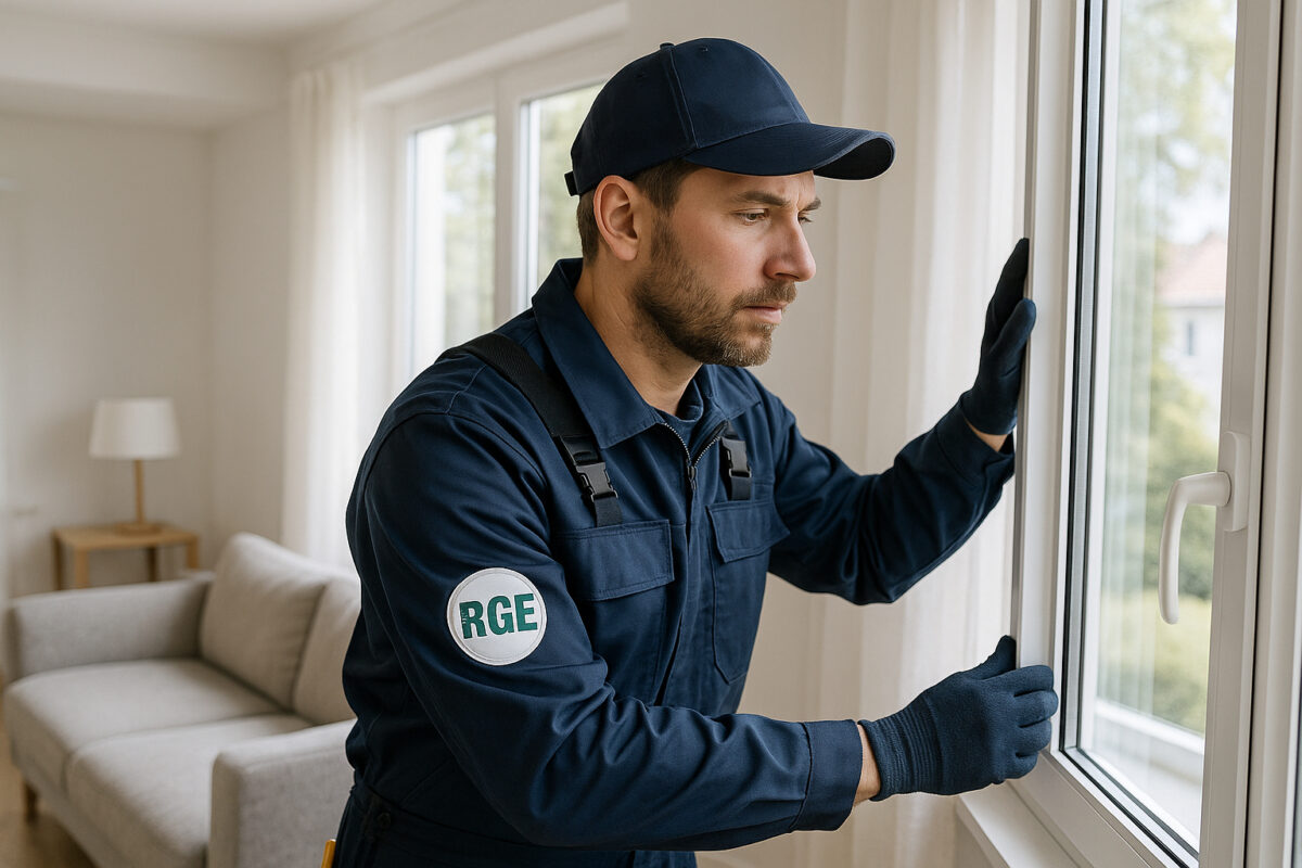 Installateur professionnel posant une grande fenetre moderne dans un salon lumineux