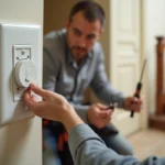 Électricien installant un bouton poussoir pour escalier sur un mur blanc avec câblage apparent