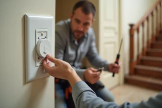Électricien installant un bouton poussoir pour escalier sur un mur blanc avec câblage apparent