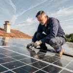 Technicien solaire installant des panneaux solaires 1000W sur un toit de maison individuelle en France