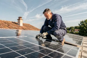 Technicien solaire installant des panneaux solaires 1000W sur un toit de maison individuelle en France
