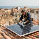 Technicien installant un panneau solaire sur un toit de tuiles à Marseille avec vue sur la ville et la mer Méditerranée