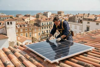 Technicien installant un panneau solaire sur un toit de tuiles à Marseille avec vue sur la ville et la mer Méditerranée