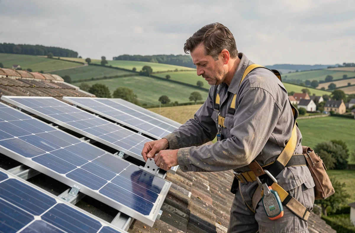 Technicien installant des panneaux solaires polycristallins sur le toit d'une maison individuelle en milieu rural