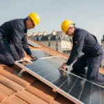 Deux installateurs de panneaux solaires sur un toit en tuiles à Lyon, avec vue sur les toits de la ville en arrière-plan