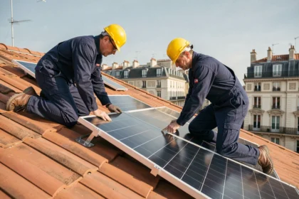 Deux installateurs de panneaux solaires sur un toit en tuiles à Lyon, avec vue sur les toits de la ville en arrière-plan