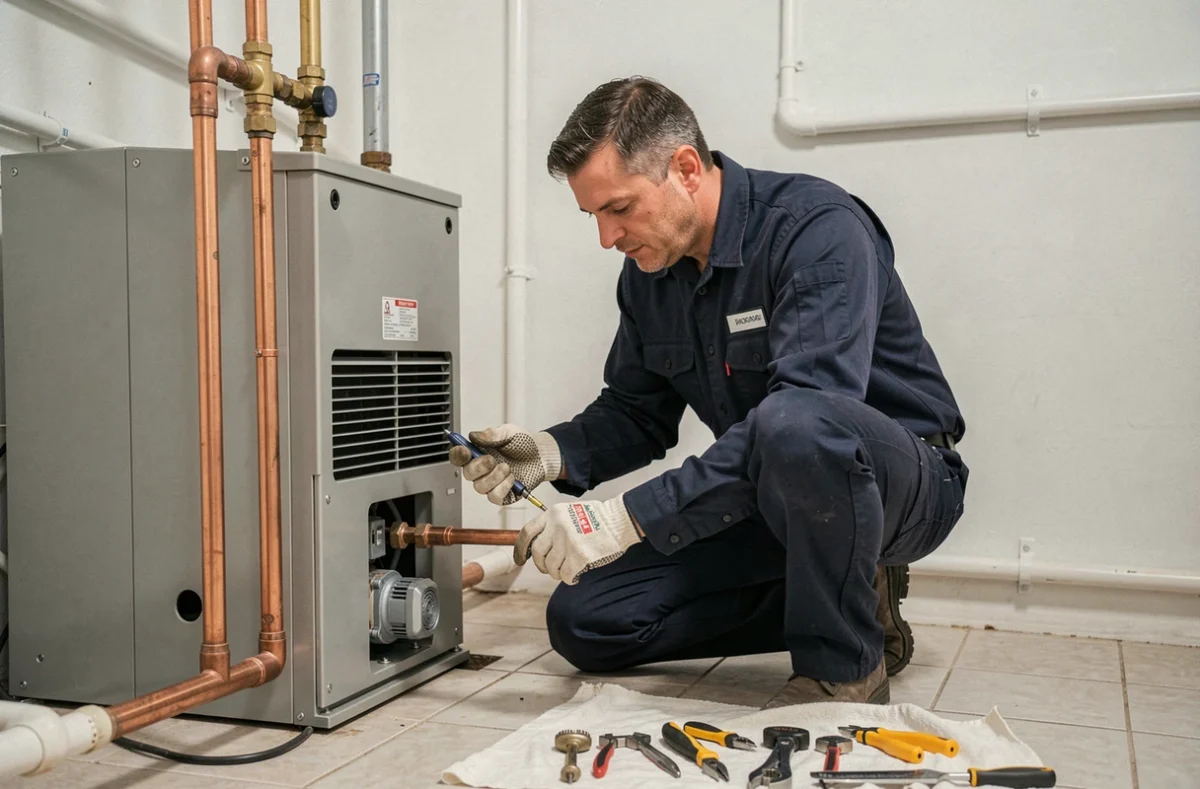 Technicien installant une pompe à chaleur De Dietrich HPI Evolution dans une chaufferie résidentielle
