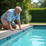 Homme en été installe un volet de piscine moderne
