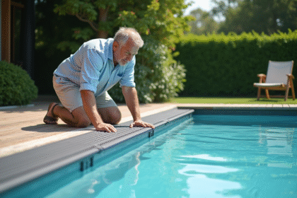 Homme en été installe un volet de piscine moderne