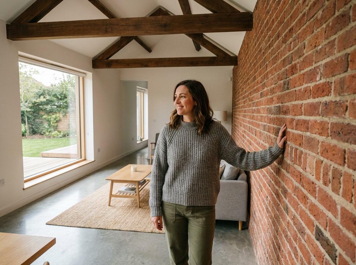 Femme dans un intérieur moderne avec mur en brique apparente et poutres en bois, illustrant le charme de la construction mixte pour les particuliers