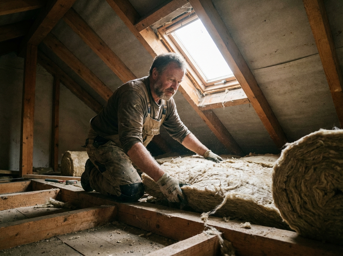 Homme isolant un grenier avec laine mineral