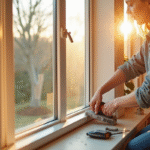 Personne appliquant mousse isolante autour d'une fenêtre moderne dans un salon lumineux