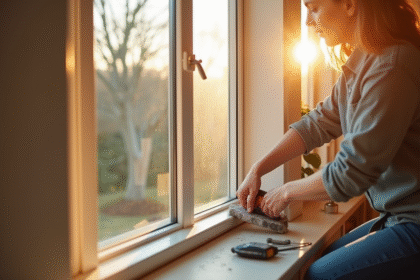 Personne appliquant mousse isolante autour d'une fenêtre moderne dans un salon lumineux