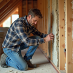 Homme moyen âge posant de la laine minérale dans un grenier rénové