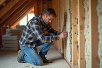 Homme moyen âge posant de la laine minérale dans un grenier rénové