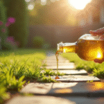 Personne versant du vinaigre sur des mauvaises herbes dans le jardin