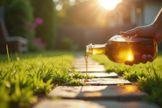 Personne versant du vinaigre sur des mauvaises herbes dans le jardin