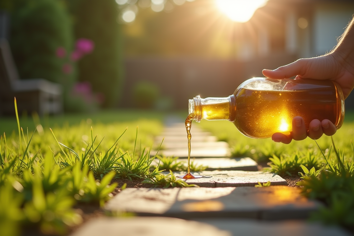 Personne versant du vinaigre sur des mauvaises herbes dans le jardin
