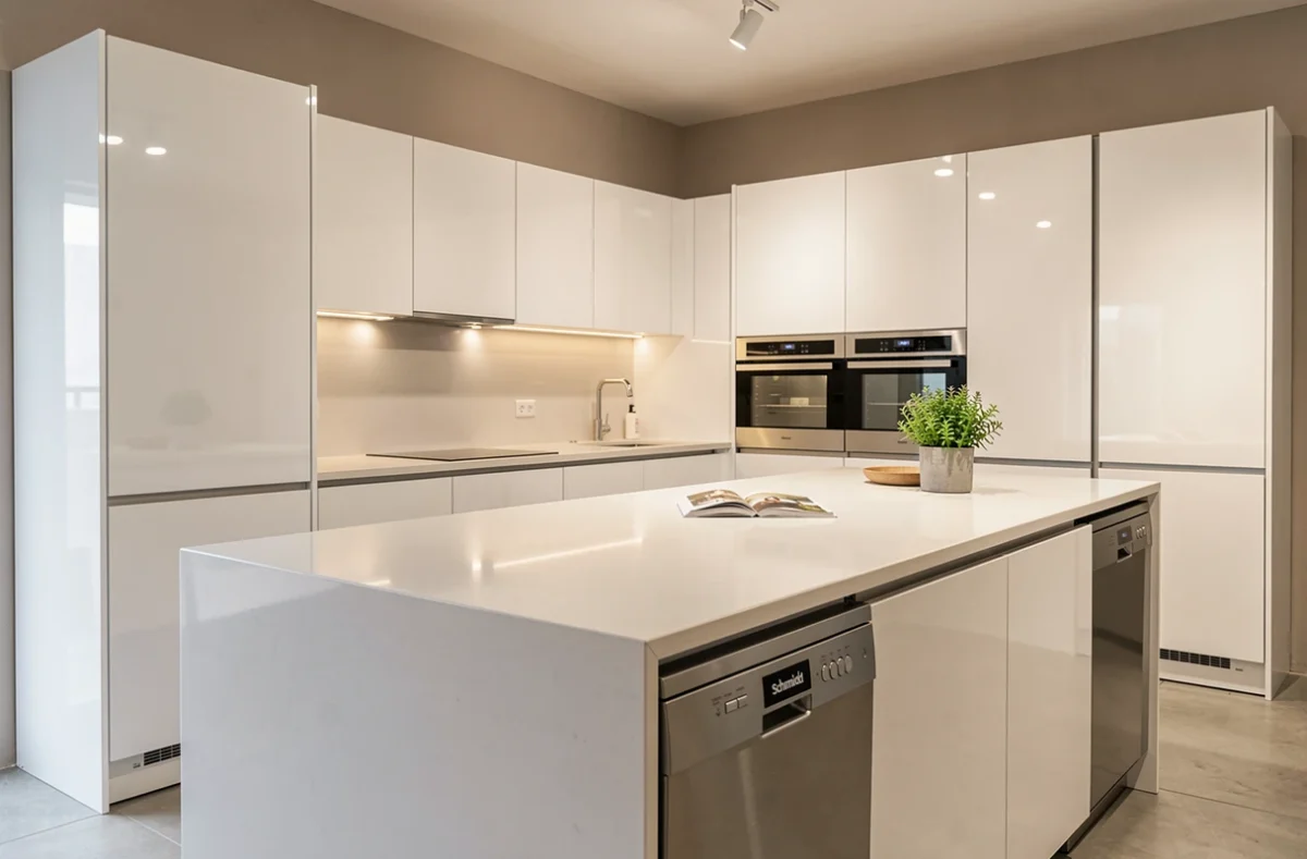 Cuisine Schmidt exposée dans le showroom JCM Cuisines à Deauville avec cabinetry blanc brillant et îlot central