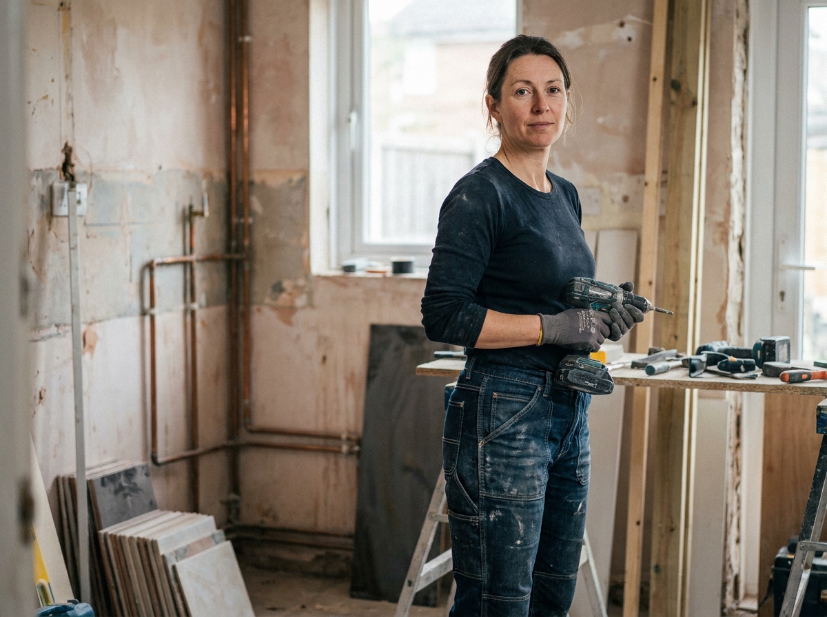 Femme en jean renforcé sur un chantier de rénovation intérieure