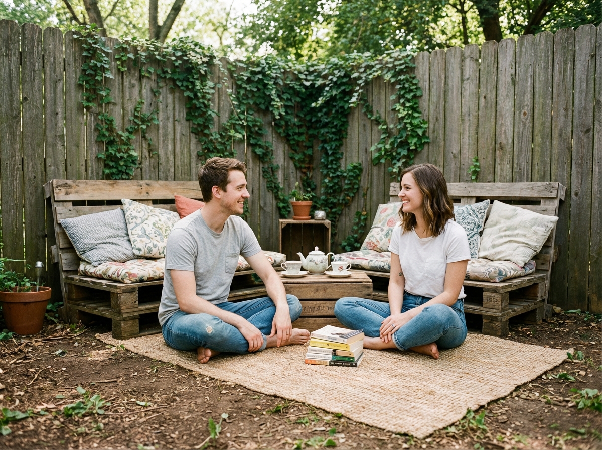 Jeune couple assis dans un coin de jardin avec mobilier