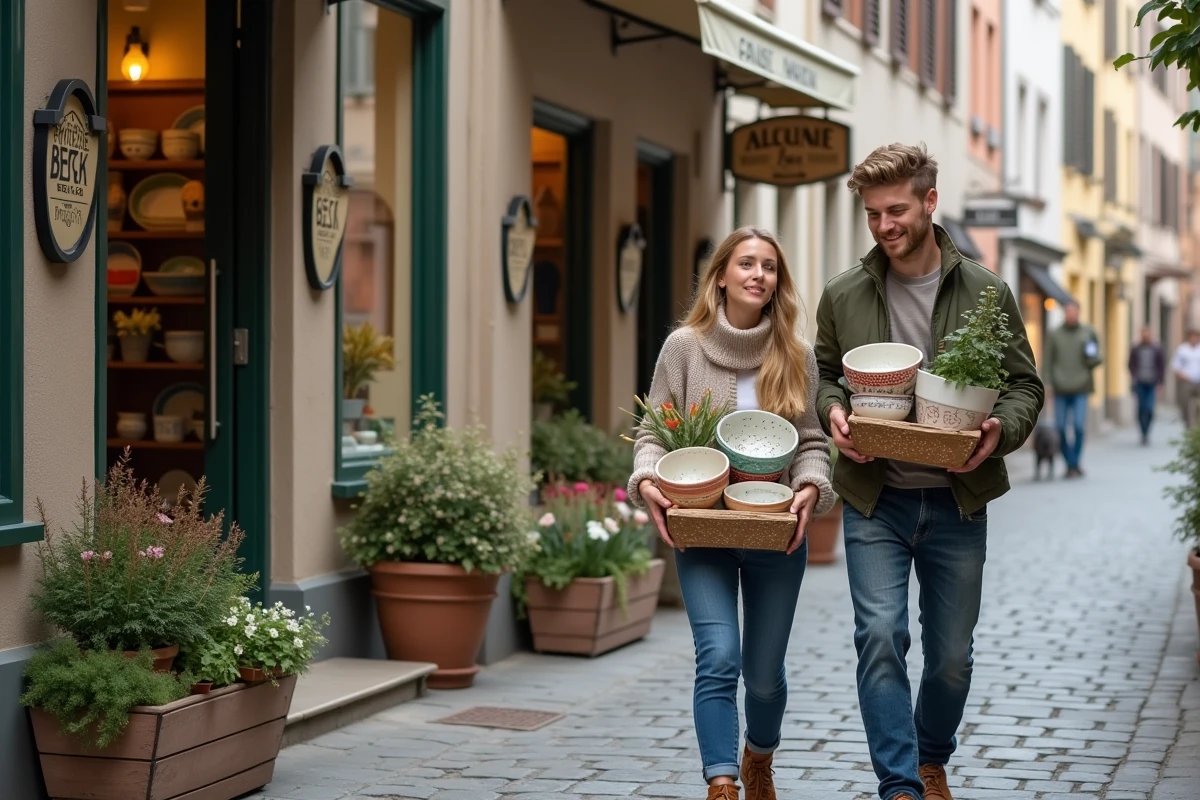 Jeune couple sortant de la poterie avec des plats en céramique colorés