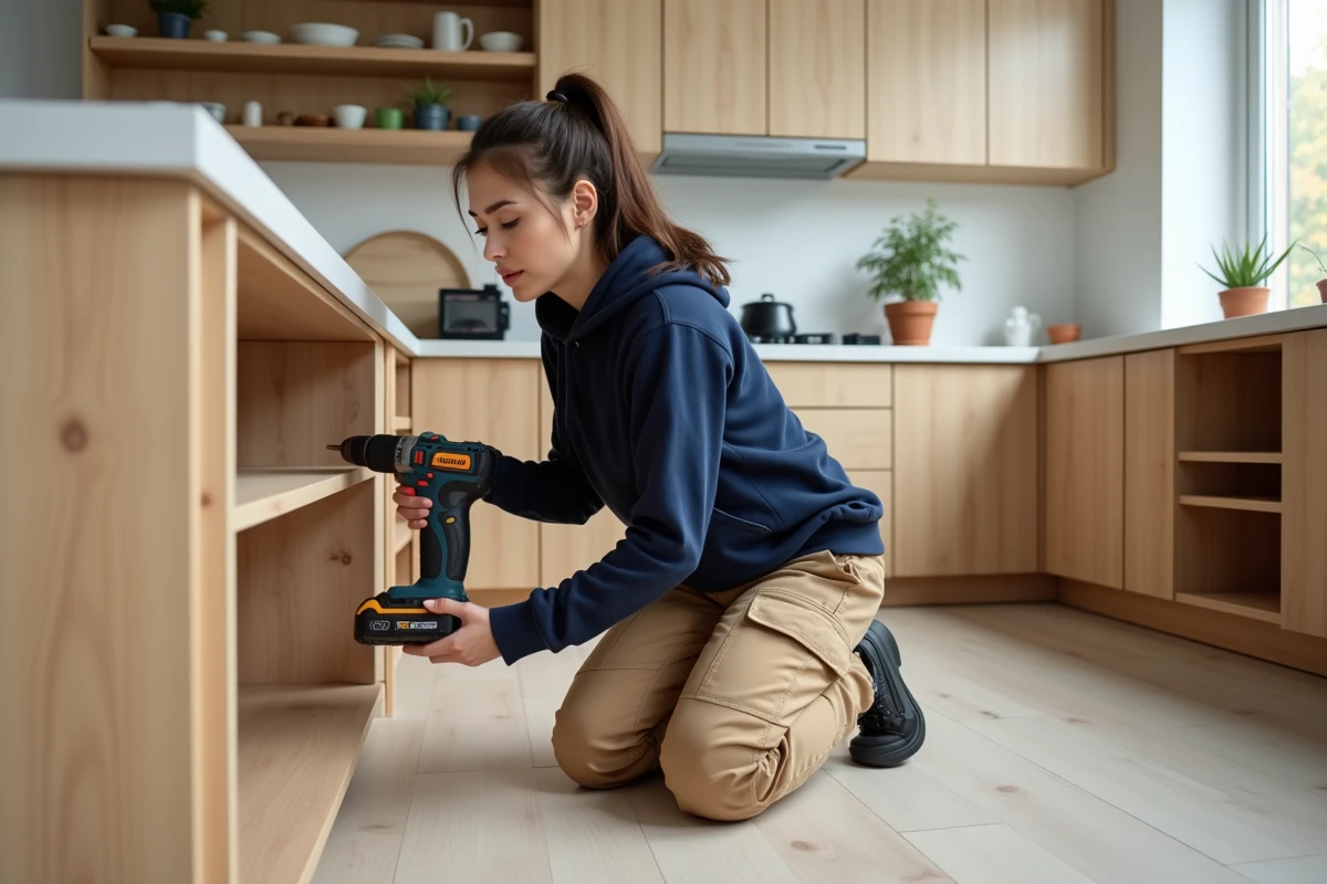 Jeune femme assemble une étagère en cuisine rénovée